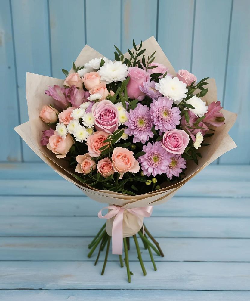 Букет цветов из: Хризантемы, Розы и Альстромерии в Митькино