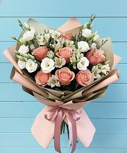 Букет цветов из:  Розы, Альстромерии и Лизиантусы в Митькино