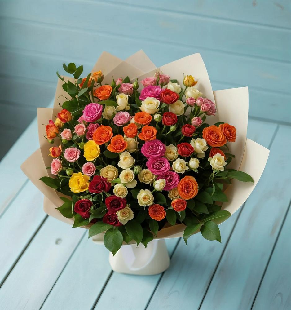 Букет Микс из разноцветных кустовых роз в Митькино