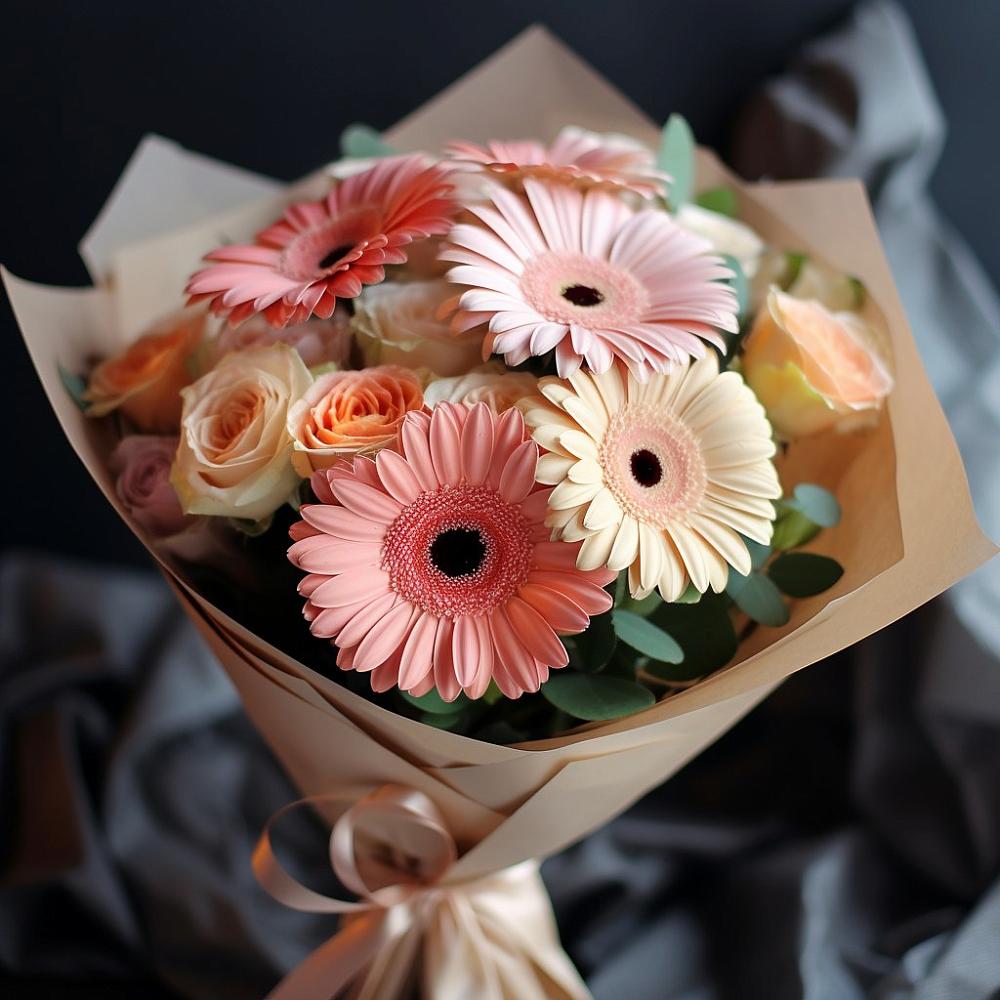 Букет цветов из: Герберы и Розы в Митькино