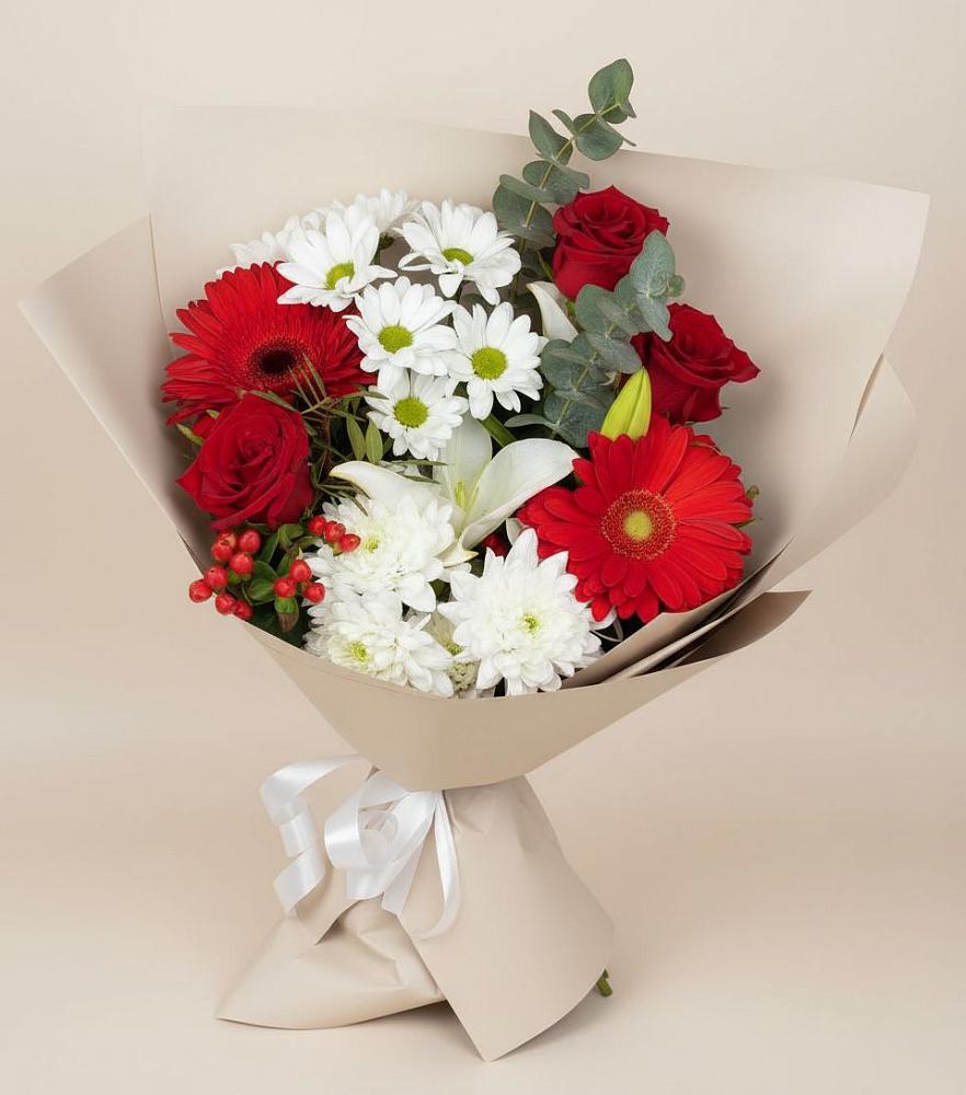 Букет цветов из: Розы, Хризантемы, Герберы и Лилии в Митькино