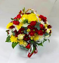 Цветочная композиция из Хризантемы и Розы в корзине в Митькино