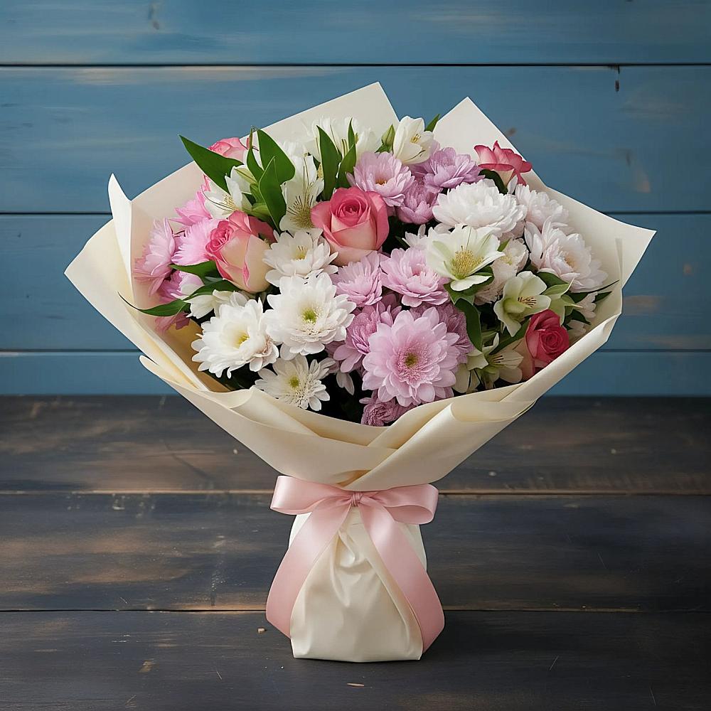 Букет цветов из: Хризантемы, Альстромерии и Розы в Митькино